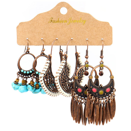 3-Pairs Women Boho Vintage Drop Dangle Earrings Set Hollow Jewelry Earrings Set