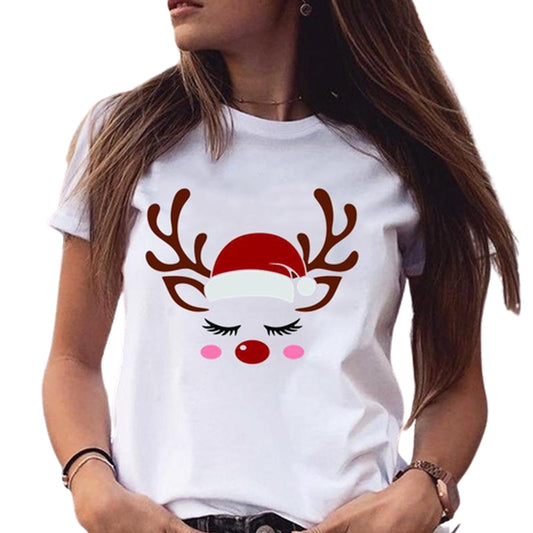 Women Christmas Printed Short Sleeve Tops Round Neck Xmas Tee Tops