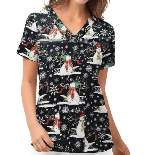 Women's Christmas Printed Crub Tops Short Sleeve V-Neck Blouse