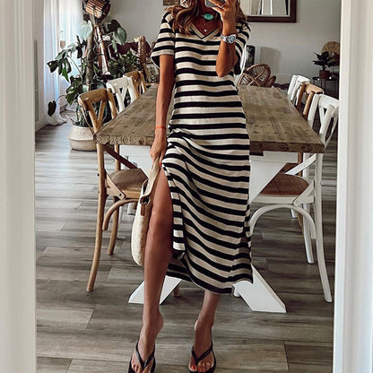 Women Causal T-Shirt Dress Short Sleeve Striped Slit Bodycon Midi Dress