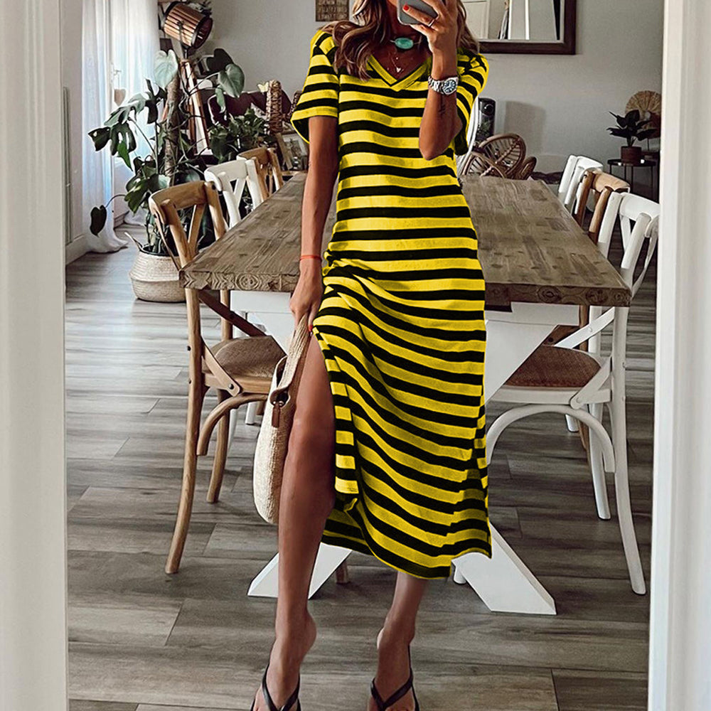 Women Causal T-Shirt Dress Short Sleeve Striped Slit Bodycon Midi Dress