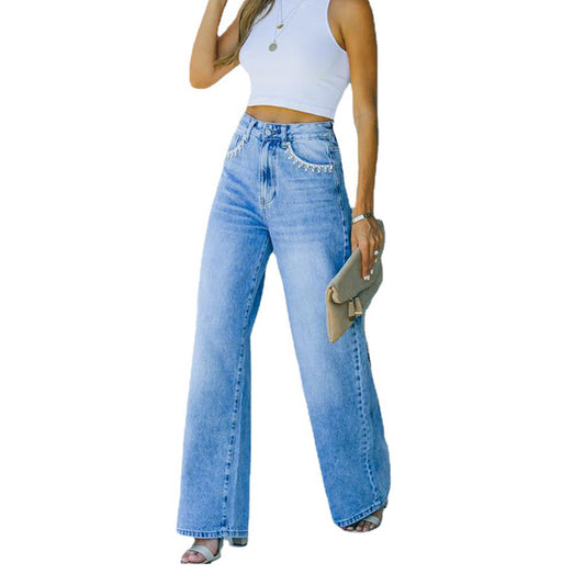 Women's Casual Denim Pants High Waisted Wide Leg Jeans Straight Trousers
