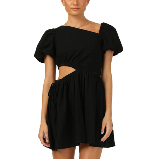 Women's Diagonal Neck Dress Cut Out Waist Puff Short Sleeve A Line Short Dress