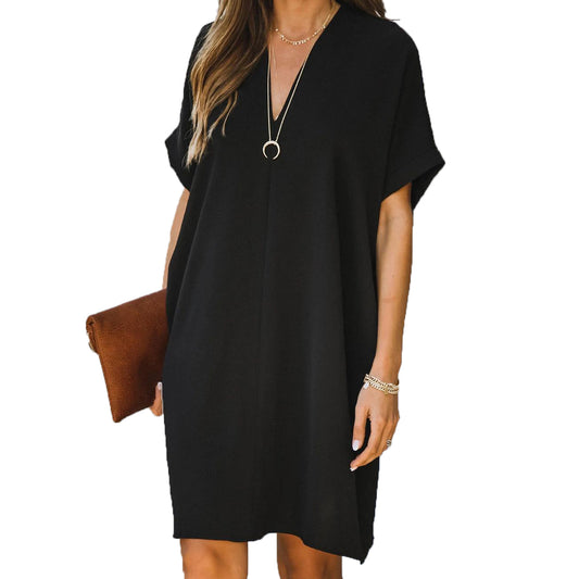 Women loose Tunic Dress Sleeve Deep V-Neck Simple Midi Dress