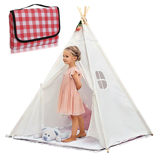 Outdoor Picnic Camping Tent with Folding Water-resistant Plaid Picnic Mat-Red