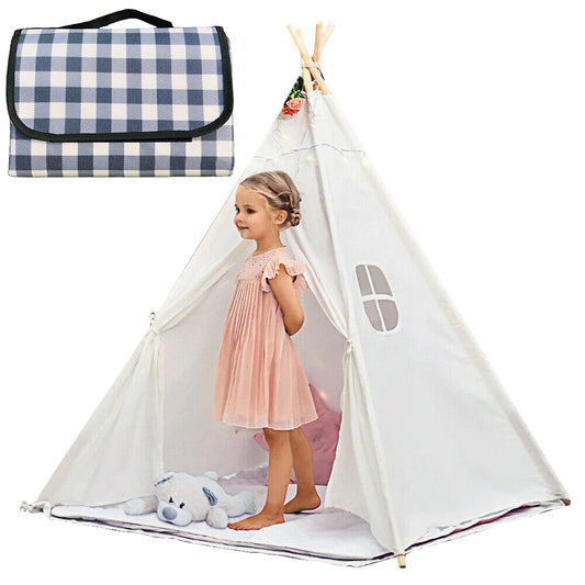 Outdoor Picnic Camping Tent with Folding Water-resistant Plaid Picnic Mat-Blue
