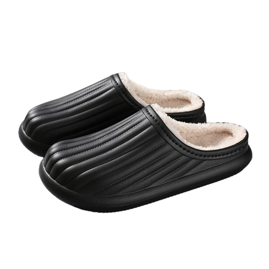 Water Resistant Winter Plush Slippers Thick Sole Warm Shoes Home Slippers-Black