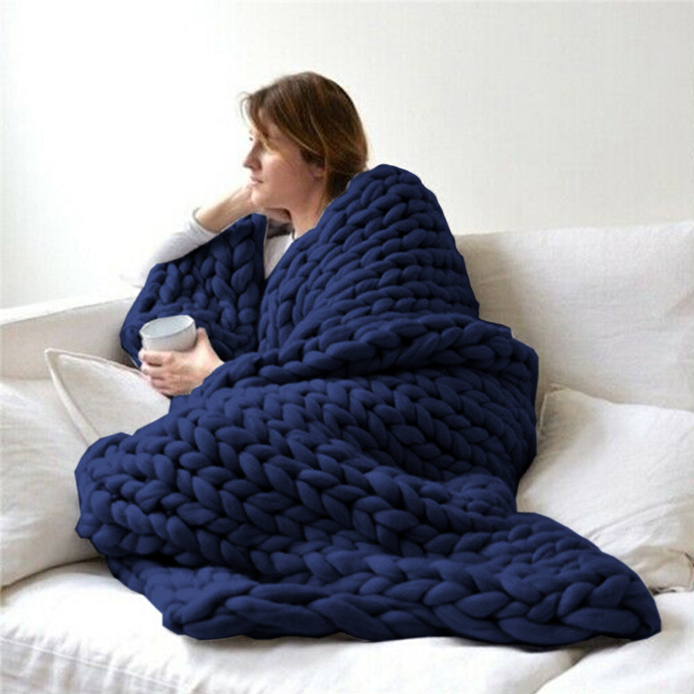 Chunky Knitted Blanket Throw Blanket Thick Yarn Blanket-Blue