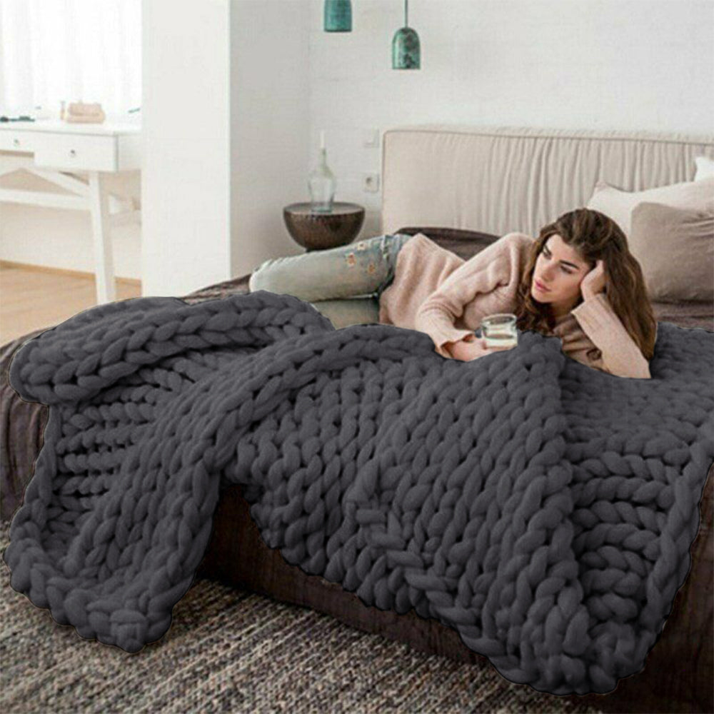 Chunky Knitted Blanket Throw Blanket Thick Yarn Blanket-Grey