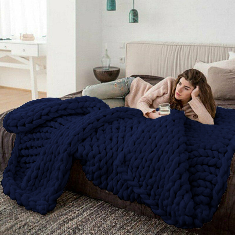 Chunky Knitted Blanket Throw Blanket Thick Yarn Blanket-Blue