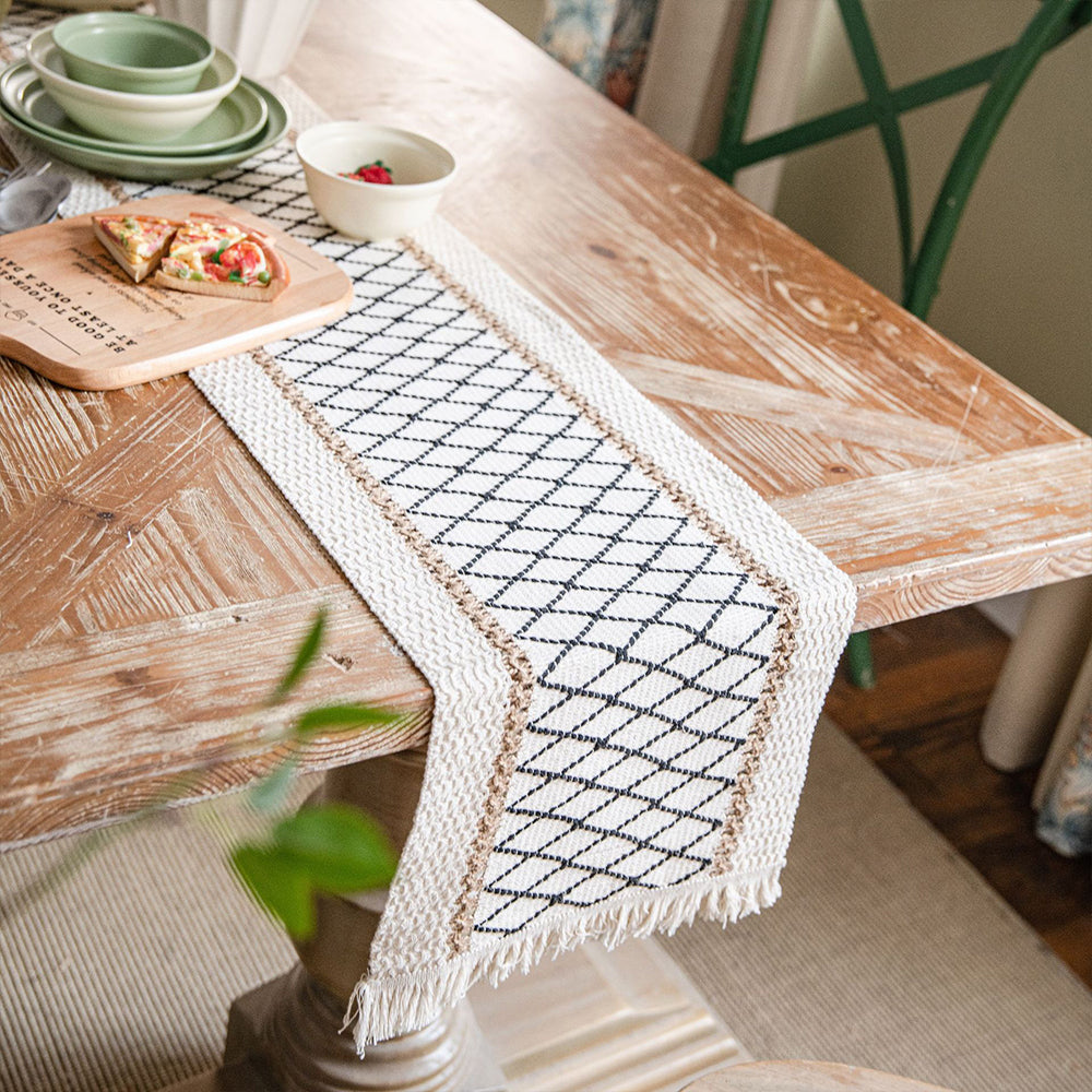 Cotton Linen Weave Table Runner with Tassels