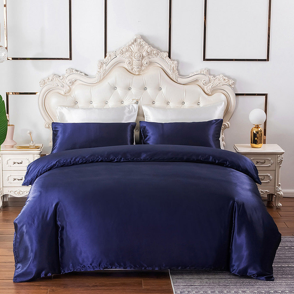 Single Double Queen Quilt Cover Silk Satin Bedding Set-Blue