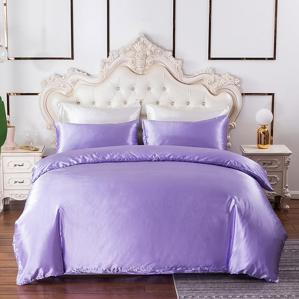 Single Double Queen Quilt Cover Silk Satin Bedding Set-Purple