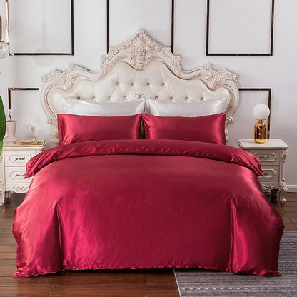 Single Double Queen Quilt Cover Silk Satin Bedding Set-Wine Red