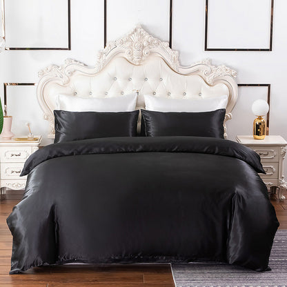 Single Double Queen Quilt Cover Silk Satin Bedding Set-Black