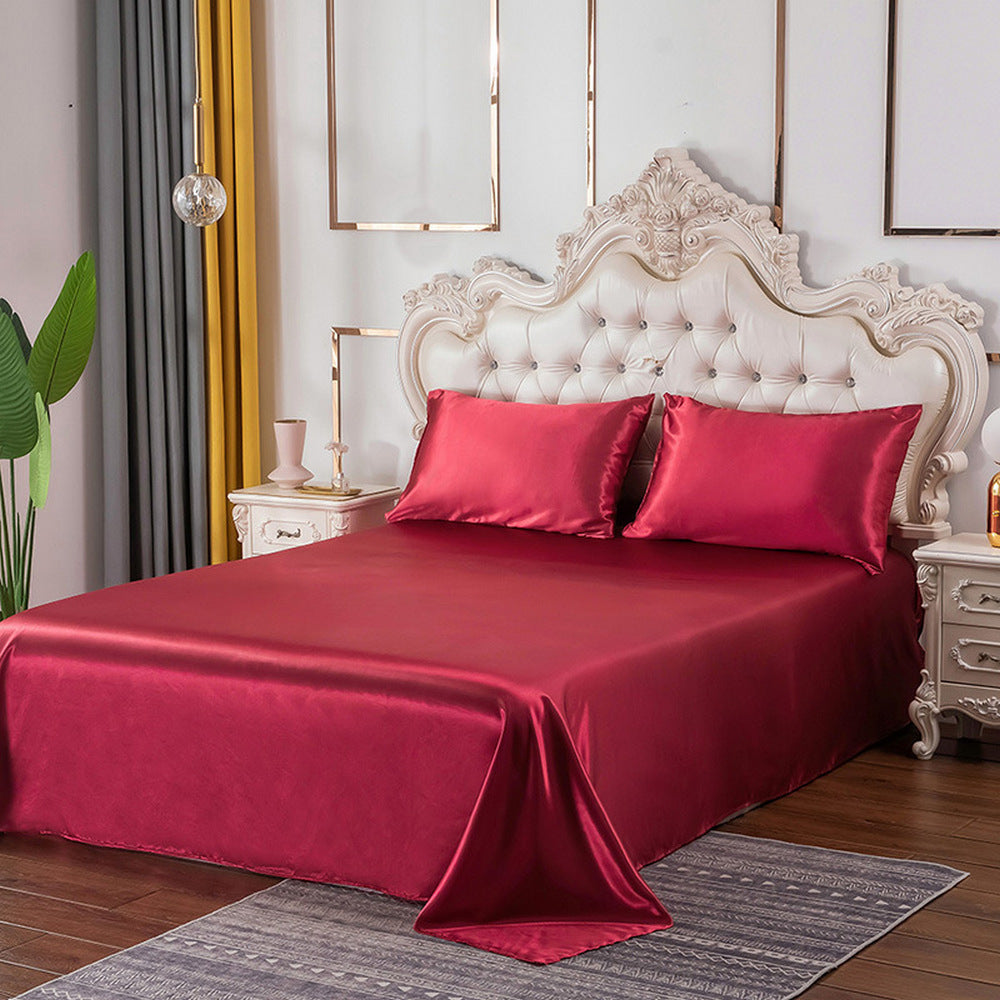 Single Double Queen Quilt Cover Silk Satin Bedding Set-Wine Red