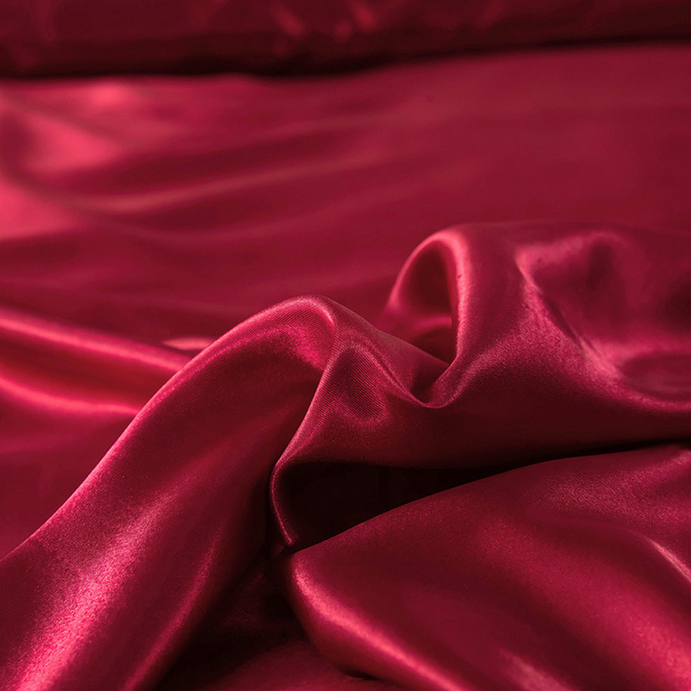 Single Double Queen Quilt Cover Silk Satin Bedding Set-Wine Red