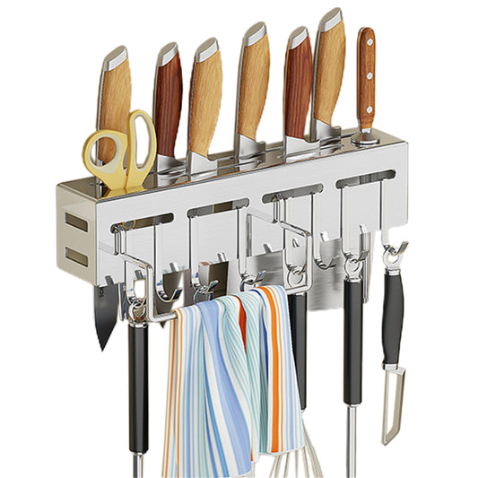 Wall Mounted Knife Holder Stainless Steel Shelf Kitchen Storage Rack with Hooks