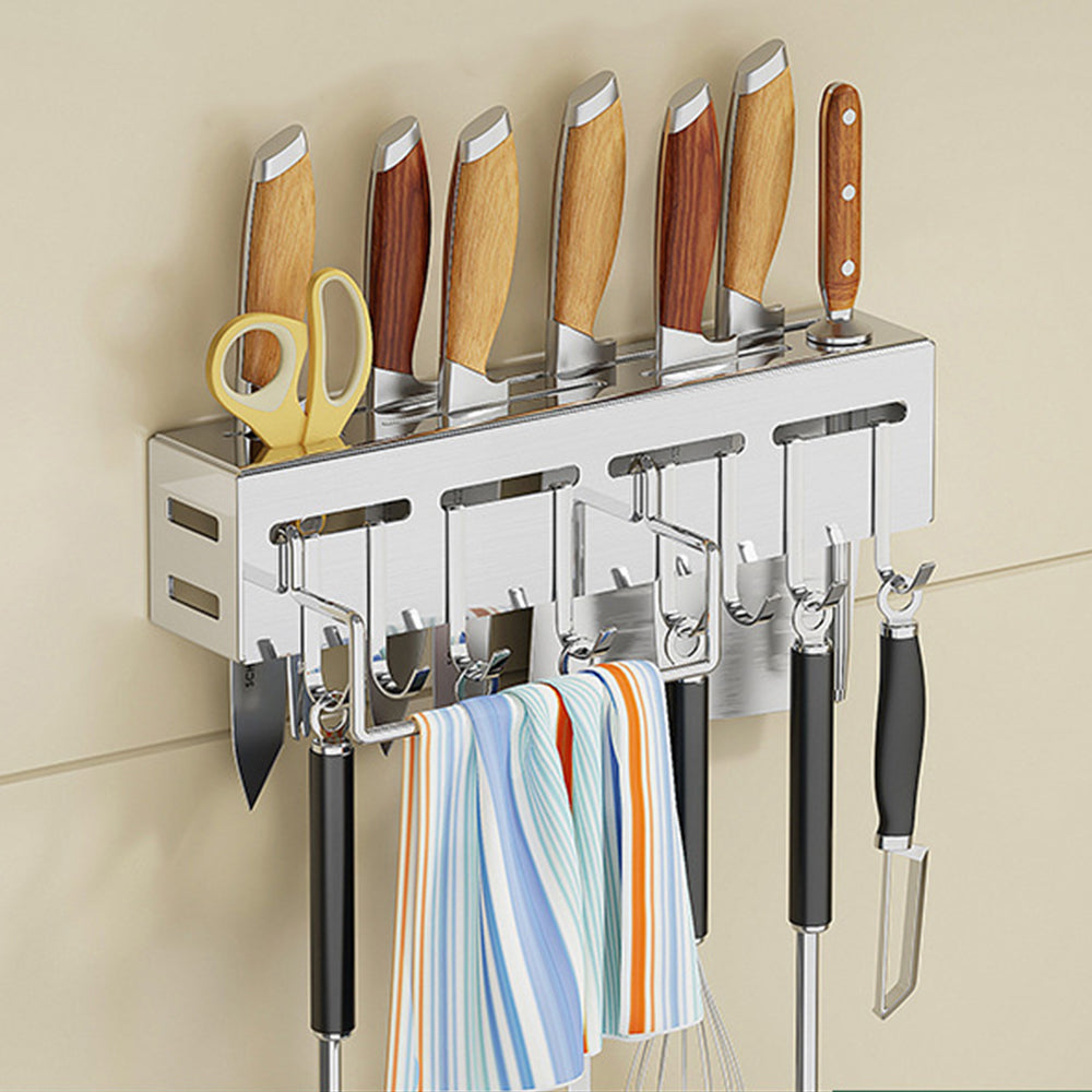 Wall Mounted Knife Holder Stainless Steel Shelf Kitchen Storage Rack with Hooks