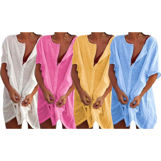 Women Cotton Blend Beach Cover Up Summer Shirt Dress Bikini Cover Up