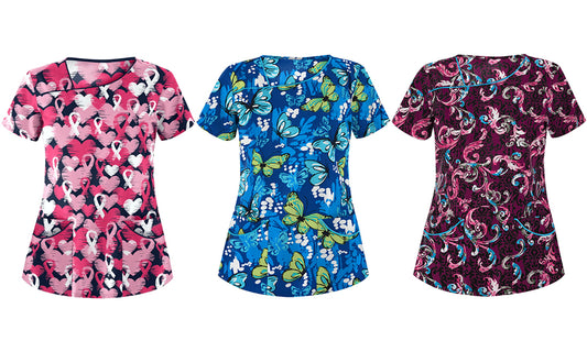 Women Causal Printed Top Short Sleeve Shirts Top with Pocket