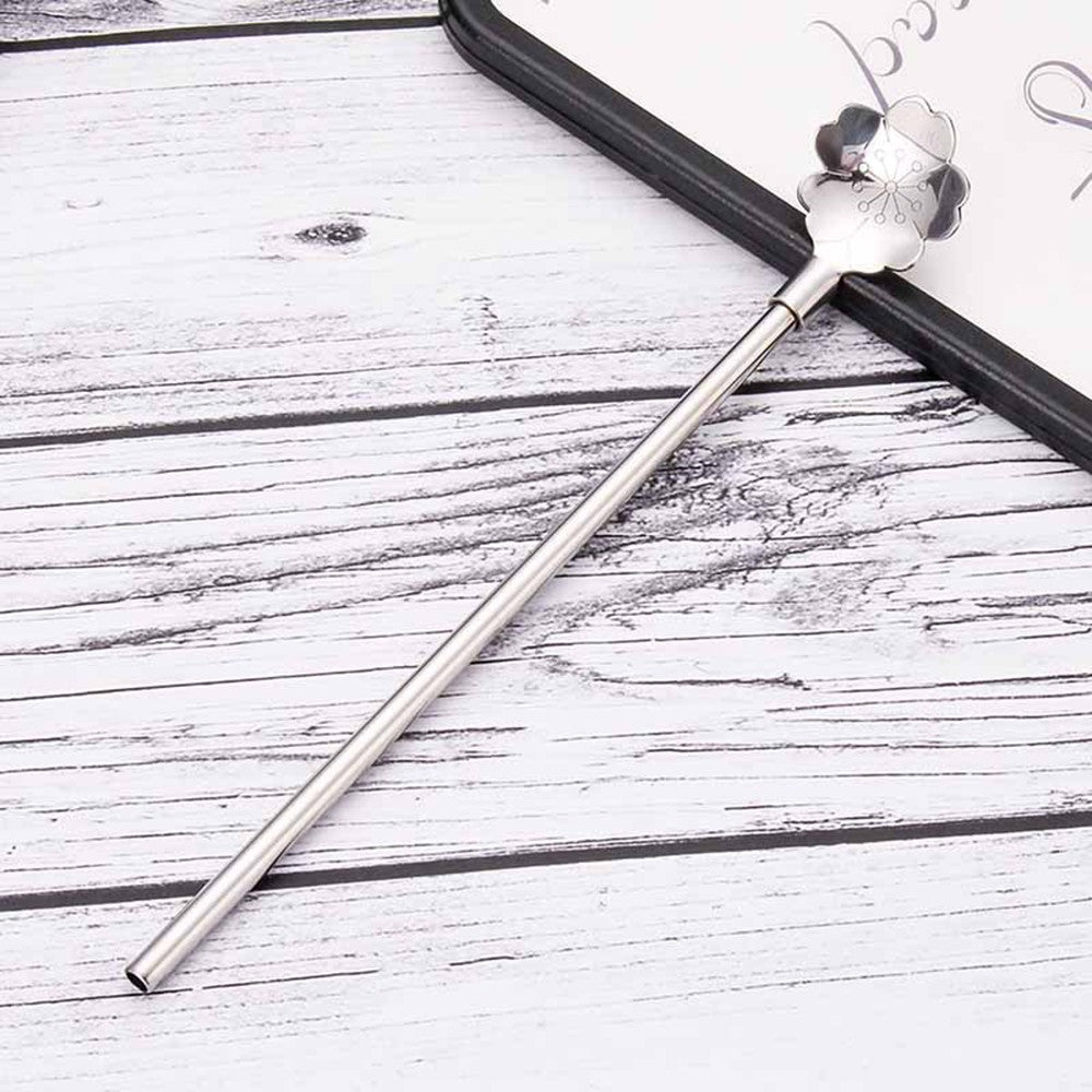 10 Pieces Reusable Stainless Steel Drinking Straws with Filter Spoon-Cherry Blossom Rough Style