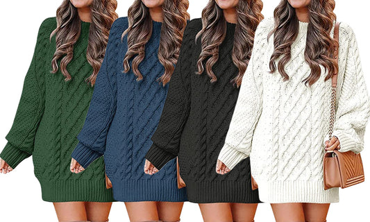 Women Crewneck Transitional Oversized Cable Knit Sweater Dress