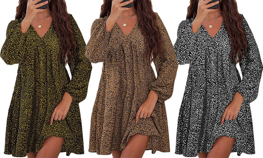 Women's Leopard Floral Printed Long Sleeve Tunic Dress