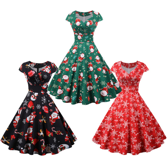 Women's Christmas Summer Short Sleeve Xmas A-Line Dress