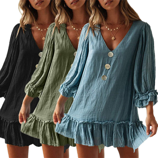 Women's 3/4 Sleeve V Neck Ruffle Hem Dress