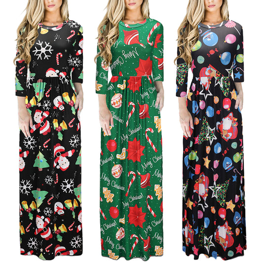 Women's Christmas 3/4 Sleeve Xmas Long Maxi Dress