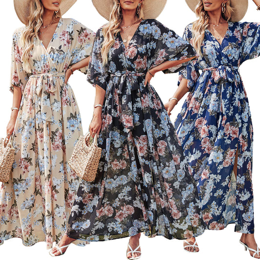 Women's Boho Floral Chiffon WrapV Neck 3/4 Sleeve Dress