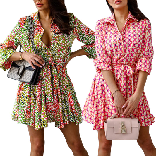 Women's Button Down Full Printed V Neck Shirt Dresses
