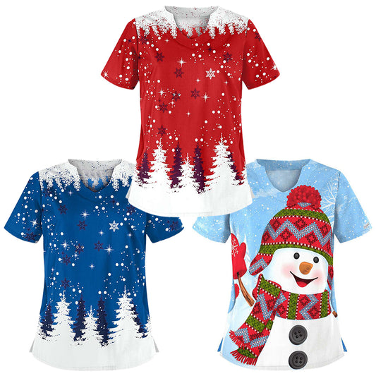 Women's Christmas Print Short Sleeve T-Shirt Xmas Blouse Tee Tops