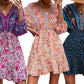 Women Boho 3/4 Sleeve V-Neck Ruffle Floral Flowy Kiddoll Mini Beach Dress