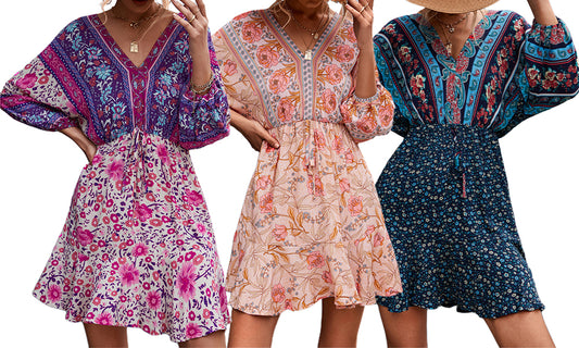 Women Boho 3/4 Sleeve V-Neck Ruffle Floral Flowy Kiddoll Mini Beach Dress