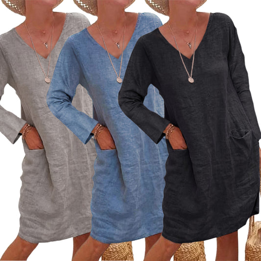 Women's Long Sleeve Cotton Dress Stitching V Neck Midi Dress with Pockets