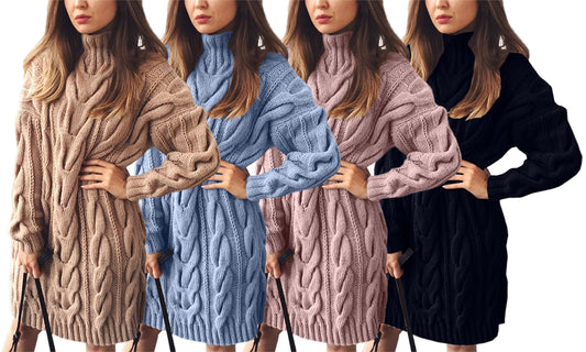 Women High Neck Cable Knit Sweater Dress Turtleneck Sweater Dresses