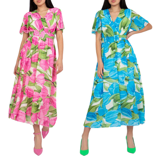 Women Floral Wrap V Neck Swing Hem Midi Dress with Waist Belt